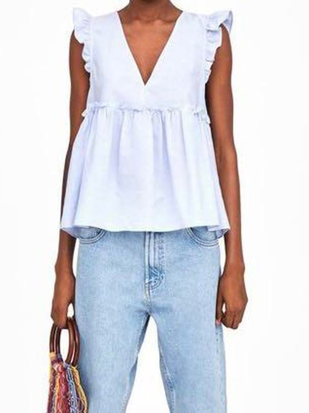 Zara V-Neck Ruffle Babydoll Shirt